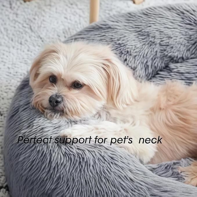 SALAN Round Donut Pet Bed, Calming Plush Cushion for Small Dogs and Cats, 20 Inch Washable Fluffy Indoor Bed with Anxiety Relief Support. (Brown)