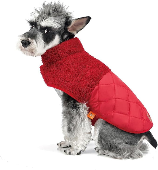 FOFOS Dog Winter Coat, Plush Dog Jacket with Leash Hole, Adjustable Warm Pet Snow Vest for Small Medium Dogs, Red, M