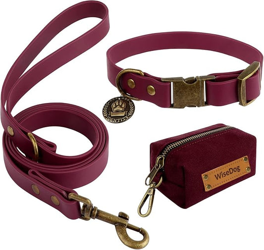 Wisedog Dog Collar and Leash Set, Waterproof Adjustable Puppy Collars with Cute Tag 5FT Dog Leash with Poop Bag for Small Medium Large Dogs (L, Burgundy)