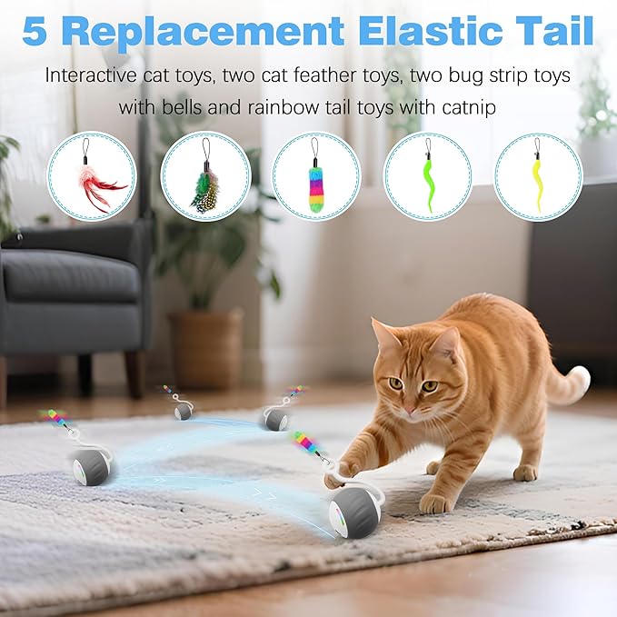 Interactive Cat Toy for Indoor (Sounds&Touch Control) Smart Cat Toys - Automatic Moving Cat Ball Toy - Fast Slow 2Speed with Feathers Tail&Lights for Kittens, Older Cats, Bored Cats, USB Rechargeable
