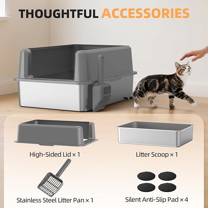 Enclosed Stainless Steel Cat Litter Box with Lid, XL Extra Large Litter Box for Big Cats, Metal Litter Pan High Sided, Never Absorbs Odors, Anti-Urine Leakage, Include Scoop (65-LightGray)