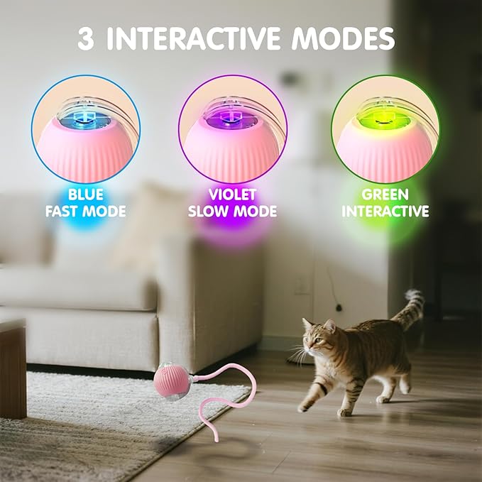 Rocfish Durable Interactive Cat Toys for Indoor Cats, Smart Automatic Cat Chase Ball Toy, Upgraded Speedy Tail Kitten Toy for Bored Indoor Adult Pets (Pink)