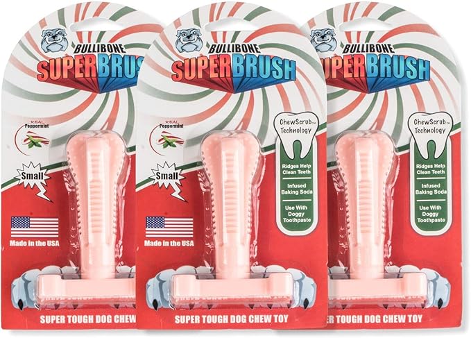 Bullibone SuperBrush: Dog Teeth Cleaning Brushing Toothbrush Stick - Long Lasting Nylon Pink Peppermint Chew Toy for Oral Care and Dental Health