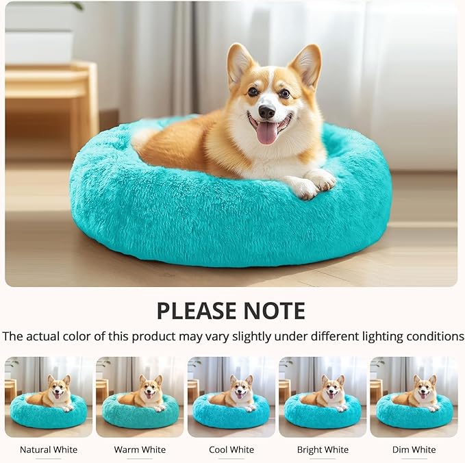 JOLLYVOGUE Calming Small Dog & Cat Bed for Indoor Cats - 20 inches Washable Donut Bed for Kittens & Puppies, Anti-Anxiety Round Fluffy Plush Pet Beds (Fits up to 15 lbs, Aqua Blue)