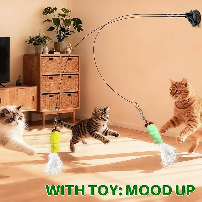 Cat Toys Interactive Teaser Wand, Feathered Fish Toy with Suction Cup Base, Realistic Fish & Feather Attachments for Multi-Cat Households, Perfect for Independent Play, Ideal for Cats & Kittens