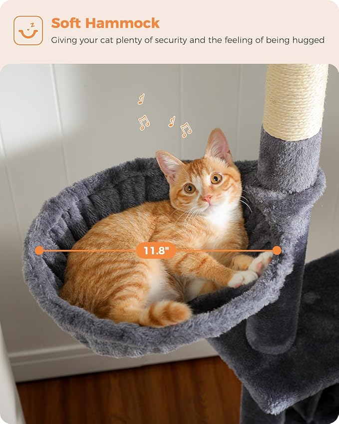 Cat Tree for Large Cats Adult with Super Large Top Perch, 56.3" Tower with Plush Hammock, Shelves and Dangling Pompom, Scratching Posts and 2 Condos House, Dark Gray