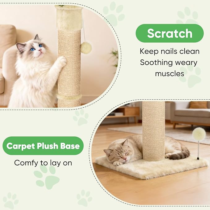 XiaZ Cat Scratching Post 34'' Tall, Cat Scratchers Tree Tower for Indoor Kitten with Extra Wide 15.8" Stable Base and 2 Toy Balls, Natural Sisal & Plush Fabric for Small, Medium Cats (Beige, 2.8in)