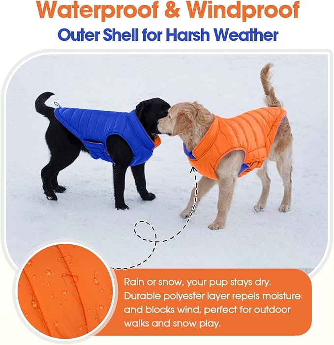QBLEEV Reversible Dog Jacket for Large Dogs, Waterproof Windproof Winter Coat with Adjustable Hook & Loop Design, Lightweight Puffer Vest Keeps Dogs Warm & Dry, Orange, XL – Fits Pitbull, Boxer