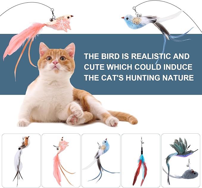 Interactive Bird Simulation Cat Toy Set -2 Teaser Poles, 4 Replacement Birds, 1 Feather & 1 Mouse - Self-Stick Base for Realistic Hunting Fun