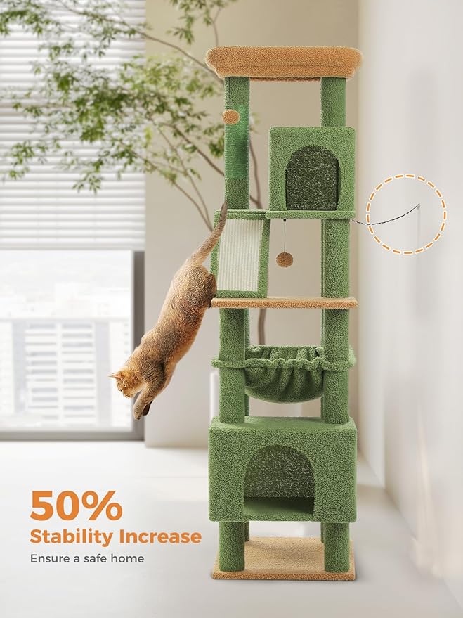 Cactus Tall Cat Tree 71" for Large Cat 20 lbs with Super Large Hammock, Heavy Duty Cat Tower with 4 Sisal Scratching Posts & 2 Spacious Condos for Big Adult Cats Maine Coon-Green