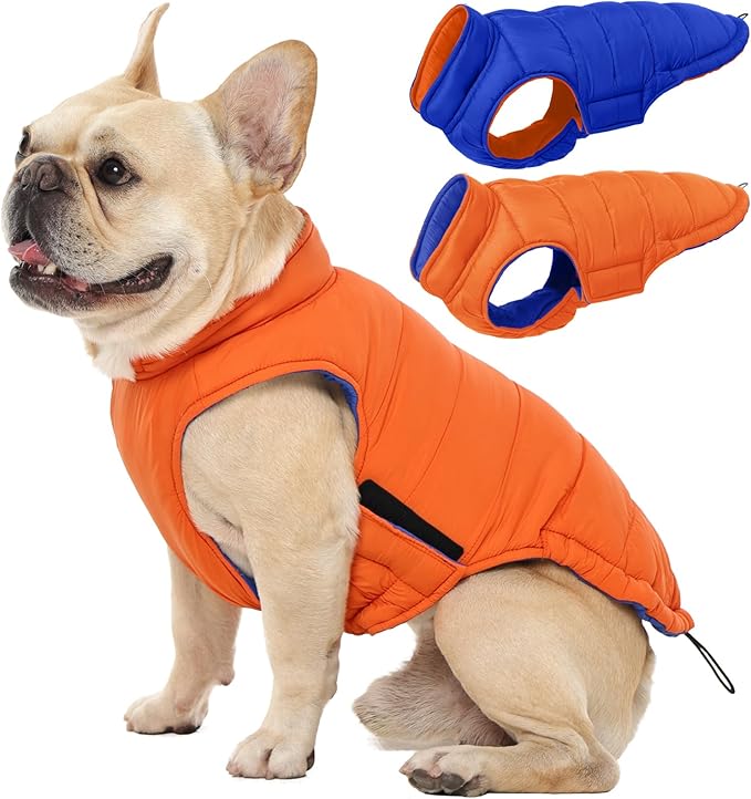 QBLEEV Reversible Dog Jacket for Small Dogs, Waterproof Windproof Warm Winter Coat with Adjustable Fit & Leash Hole, Lightweight Reversible Puffer Vest, Orange, S – Fits Yorkie, Shih Tzu