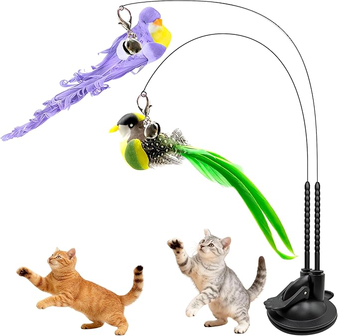 Cat Toys for Indoor Cats – Interactive Bird Teaser Wand Set with Suction Cup Base & Realistic Bird Pendant. Self-Play Toy for Active Cats, Jumping, Hunting & Chasing. Ideal for Indoor Fun & Bonding