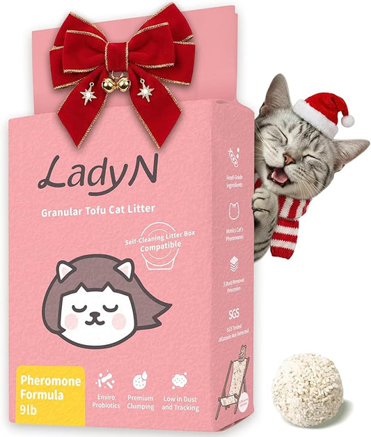 Lady N Cat Attract Tofu Litter – Natural Attractant Formula for Litter Box Training, Calming Pheromone for Multi-Cat Homes, Granular Mini-Pellet Shape for Self-Cleaning Box, 9lb