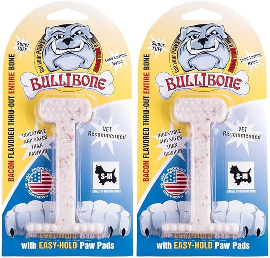 Bullibone Nylon Dog Chew Toy for Aggressive Chewers - Dental Hygiene Bone with Bacon Flavor, Durable Tough Chew Toys for Small Dogs, Indestructible Dog Bone - 2 Pack