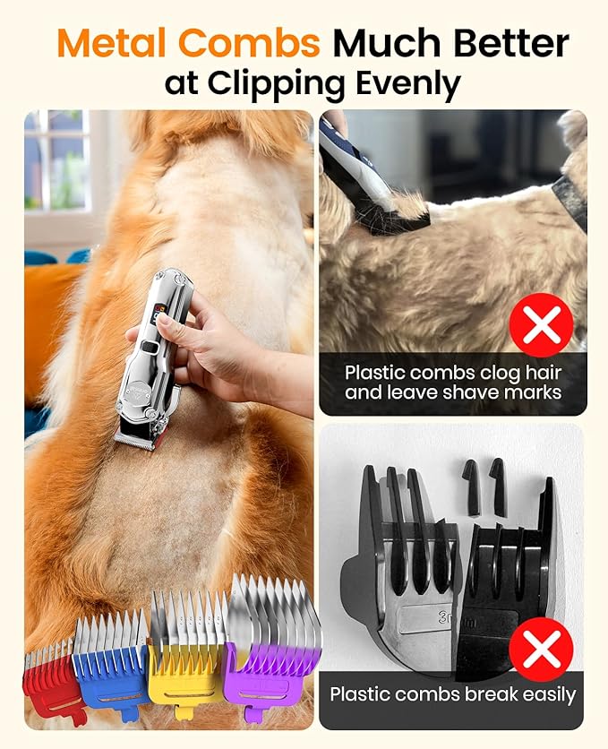 oneisall Professional Dog Grooming Clippers: Cordless Rechargeable Thick Hair Clipper with Detachable Metal Combs, Low Noise Heavy-Duty Pet Clippers for Curly/Fine/Wavy Hair, 676pro (Silver)