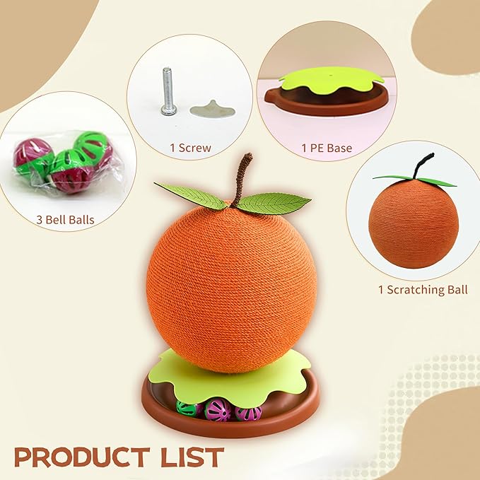 3-in-1 Modern Cat Ball Scratcher & Cat Toys for Indoor Cats/Kittens, Cute Orange/Frog/Bee Design with Bell Ball Track, Natural Sisal Cat Scratching Post, Space-Saving Interactive Cat Scratcher