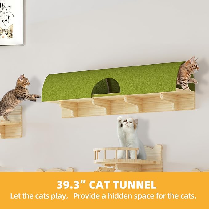 Cat Wall Shelves, 18-in-1 Solid Wood Wall-Mounted Cats Furniture Set with Scratching Post, Cat Climbing Wall Systems with 40''L Tunnel, Step, Condo, House, Bridge Ladder, Cats Shelf Furniture
