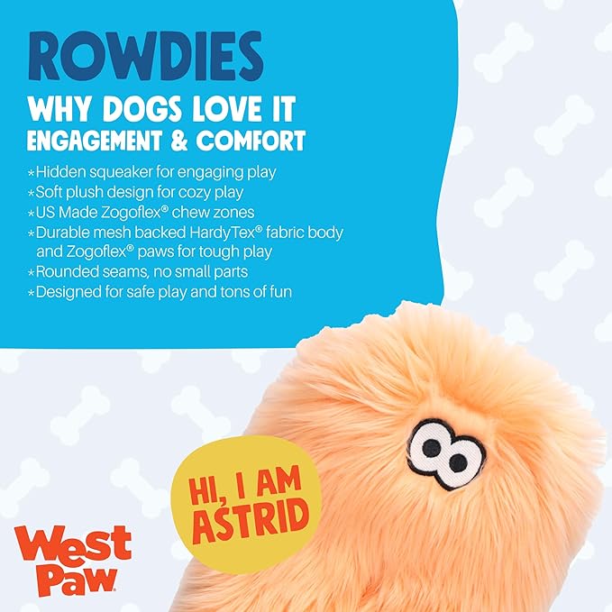 WEST PAW Rowdies Astrid Durable Plush Dog Toy with Reinforced Seams and Chew Resistant Design for Tough Play Safe Indoor or Outdoor Fun for Dogs Who Deserve The Best - Melon