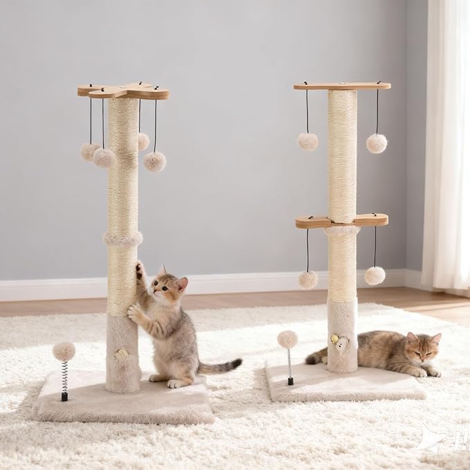 PAWSFANS Cat Scratching Post for Indoor Cats and Kittens,30inches Tall Sisal Scratch Posts with Four Hanging Ball Toys and Reinforce The Stable Base Beige