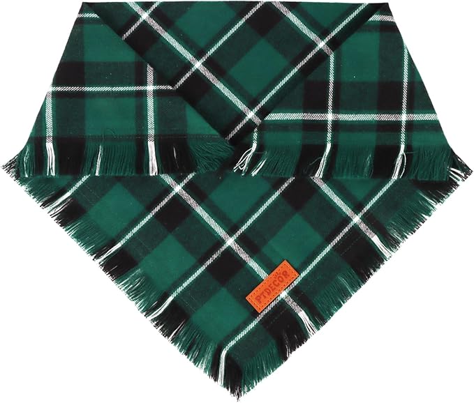 PTDECOR Christmas Dog Bandanas with Tassels Edges, 2 Pack Stylish Red Green Plaid Scarf Bibs, Premium Cotton Fabric, Reversible Triangle Christmas Bandanas for Medium Large Dogs Pets (Large)