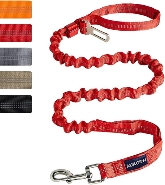 AUROTH Heavy Duty Bungee Dog Leash for Large Breed Dogs, No Pull for Shock Absorption with Car Seat Belt, 2 Padded Handles 4.5Foot 6Foot Training Dog Leash Red