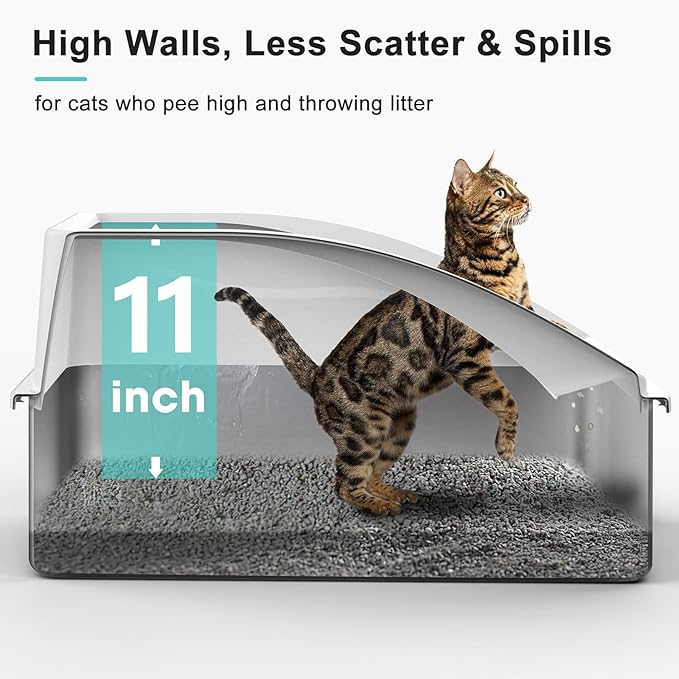 Stainless Steel Litter Box | XL Enclosed Cat Litter Boxes with Lid for Big Cats | High Sided, Anti-Urine Leakage | Non-Stick Bottom & Includes Litter Mat & Metal Scoop