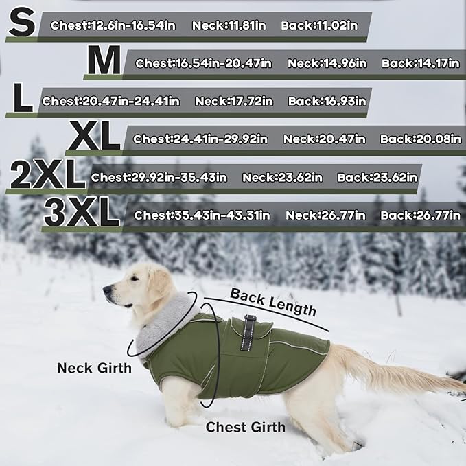 Lelepet Warm Dog Coat Reflective Fleece Vest Waterproof Dog Jacket with Adjustable Buckle Hook & Loop Windproof Cold Weather Coats for Small Medium Large Dogs, Army Green, M