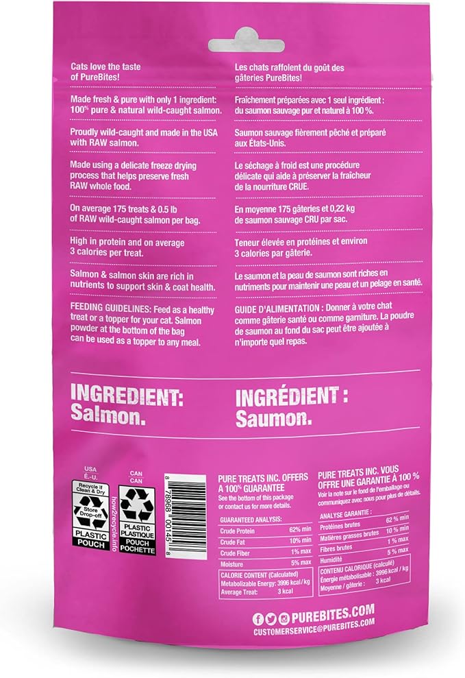 PureBites Salmon Freeze Dried Cat Treats, 1 Ingredient, Made in USA, 2oz
