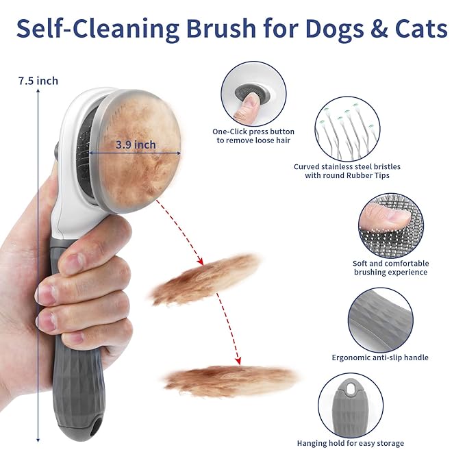 Dog Brush Grooming Kit 5 PCS - Self Cleaning Slicker Brush for Shedding Short Long Haired Dogs & Cats, Includes Pet Comb, Flea Comb, Bath Brush, Undercoat Rake - Complete Fur Care Set - Gray