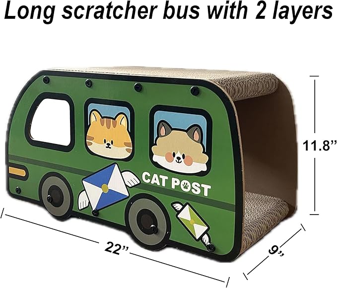Cat Scratching House, Cat Cardboard House Green Bus, Long Scratching Post, 9x11.8x22 Inches, Fun Cube & Tunnel, Peekaboo Hideaway for Indoor Cats