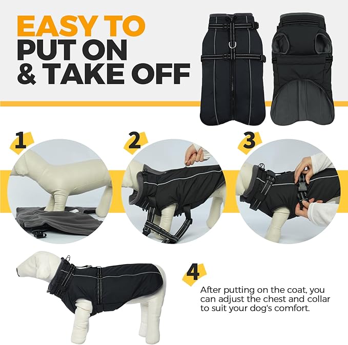 Lelepet Dog Coat with Harness Built in, Waterproof Dog Jacket for Large Dogs Reflective Winter Jacket with Zip Warm Cold Weather Coats for Dogs,Turtleneck Pet Snowsuit, Great Dane, Black, XXXL