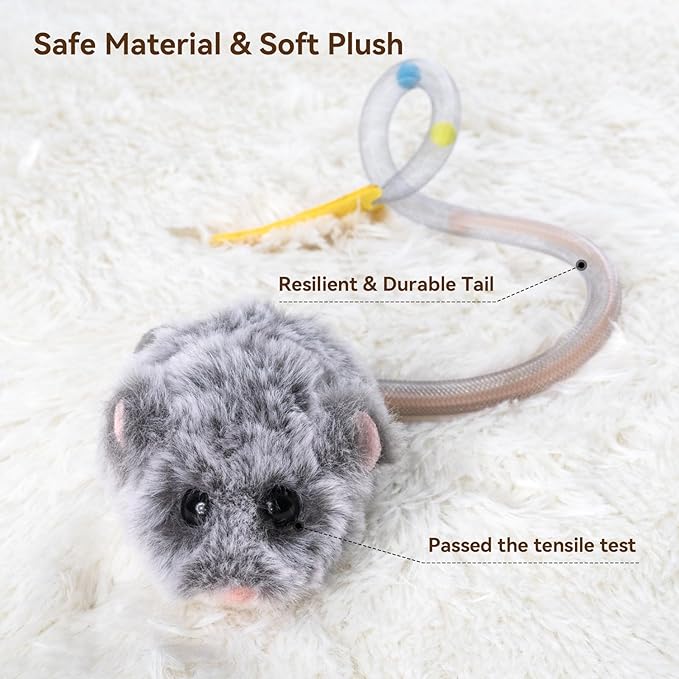 Migipaws Interactive MigiMouse Cat Toy 360° Rolling & Spin with Wiggling Tail for Indoor Cats Smart Motion Sensor, Realistic Squeak, Rechargeable Plush Kitten Toy(Grey Long)