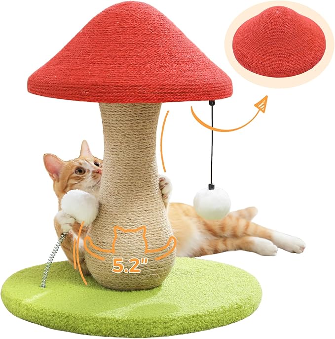 PETEPELA Mushroom Cat Scratching Post, Cat Scratcher Cute with 100% Sisal Covered Scratching Post & Pompoms Toy, Mushroom Cat Post for Indoor Cats