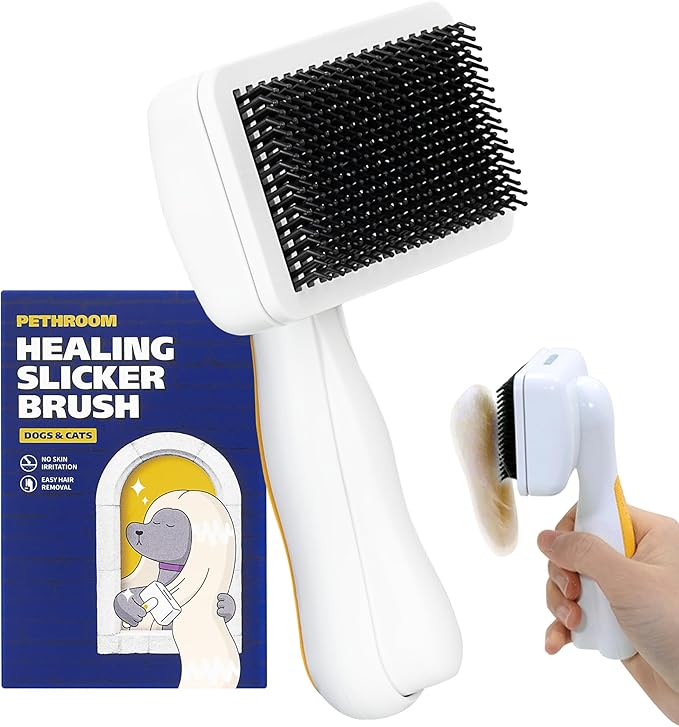 PETHROOM] Pet Healing Slicker Brush with One-Touch Clean Button | Gentle Grooming Brush for Dogs & Cats | Removes Shedding, Mats & Tangles with Coated Tips, White & Yellow