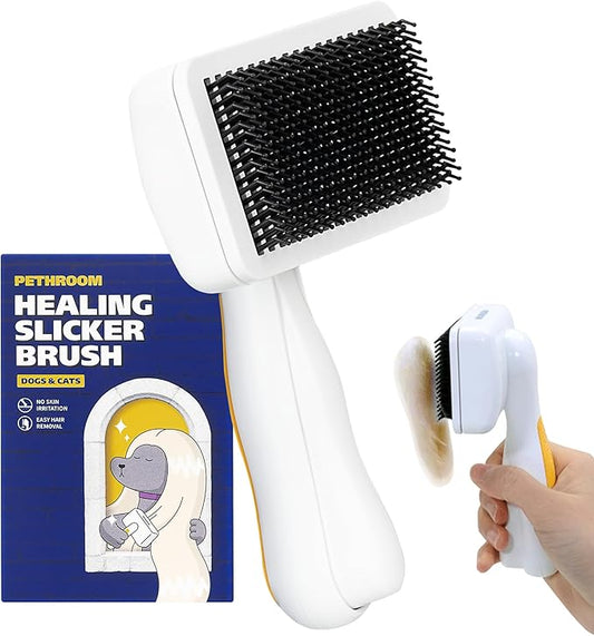 PETHROOM] Pet Healing Slicker Brush with One-Touch Clean Button | Gentle Grooming Brush for Dogs & Cats | Removes Shedding, Mats & Tangles with Coated Tips, White & Yellow