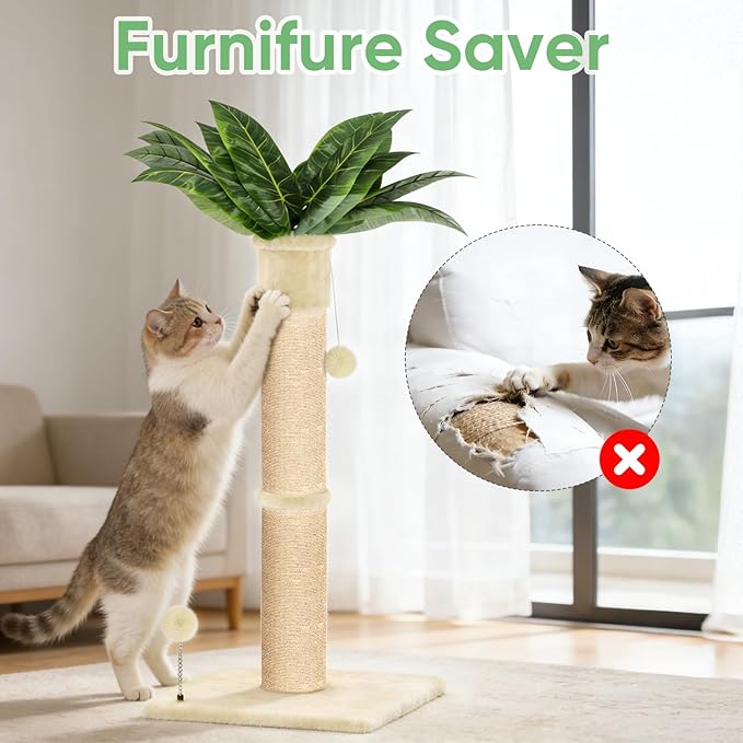 XiaZ Cat Scratching Post 34'' Tall, Cat Scratchers Tree Tower for Indoor Kitten with Extra Wide 15.8" Stable Base and 2 Toy Balls, Natural Sisal & Plush Fabric for Small, Medium Cats (Beige, 2.8in)