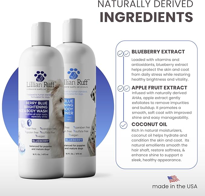 Lillian Ruff PRO Formula Berry Blue Brightening Dog Shampoo & Conditioner Set - Professional Show-Quality Whitening, Stain & Odor Eliminator, Hydrating Relief for Dry Skin, ProVitamin B5, USA Made