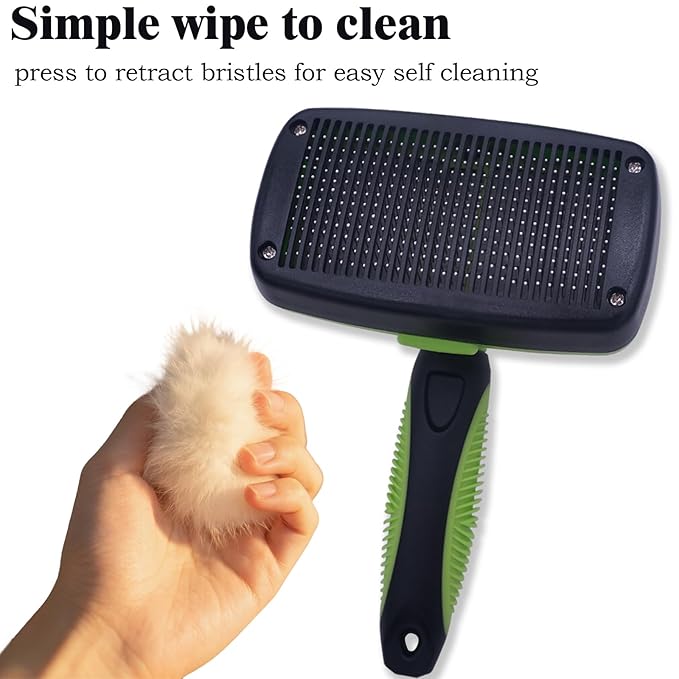 Self Cleaning Slicker Brush - Pet Hair Removal Tool for Long Short Hair grooming: Soft Rubber Tips Gentle on Sensitive Skin Cat Dog brush Specifically for Indoor pet hair removal glove (green)