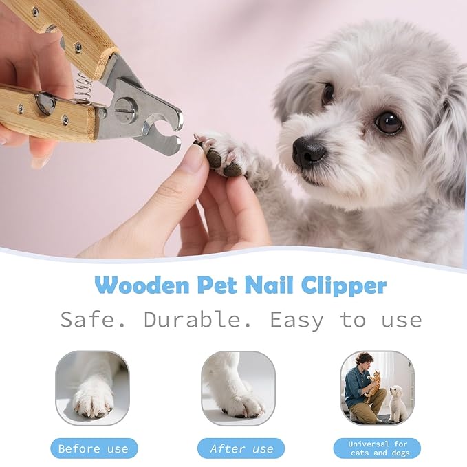 Natural Wooden Pet Grooming Kit 2-in-1 Dog Deshedding Tool and Cat Nail Clipper Gentle & Painless Fur Brush and Secure Paw Nail Trimmer for Small Medium Large Pets (Includes storage box)