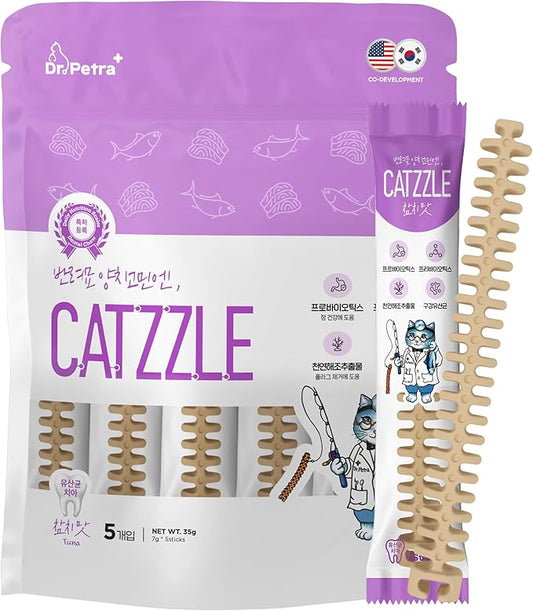 CATZZLE Cat Treats, Dental Chews for Indoor Cats, Cat Teeth Cleaning, Dental Care Snacks (5 Sticks (Pack of 1), Tuna)
