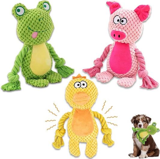 Plush Dog Toys, 3-Pack Variety Set with Squeaker, Crinkle Paper, Rope, Non-Toxic, Soft & Durable, Teething Puppy Toys- Farm Friends or Jungle Pals, 9.45 x 3.94 inches (Farm Friends)