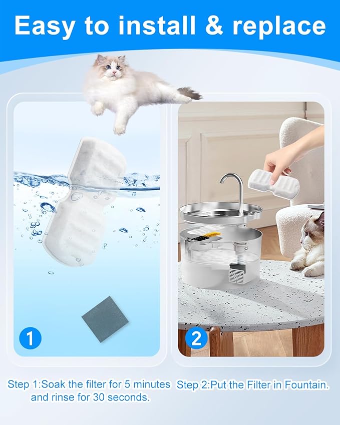 12+12 Pack Water Filter for Cat Fountain Compatible with 2.2L, 2.6L Stainless Steel Cat Fountains - Activated Carbon + Ultra-fine Fiber for Clean Pet Drinking