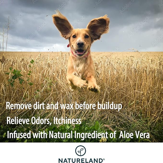 [150 pcs Extra-Large] Natureland Dog Ear Wipes - Extra Large Pads [170%] - Otic Cleaning Wipes for Infections and Controlling Ear Infections and Ear Odor in Pets