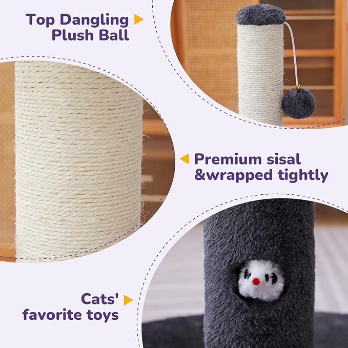 33'' Tall Cat Scratching Post for Adults Cats, Sturdy Large Scratch Pole with Hanging Ball with Fun Mouse Hole, Scratching Posts for Indoor with Durable Natural Sisal Rope (Darkgrey)