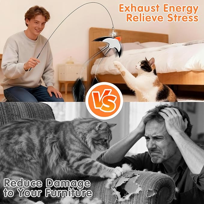 Walfront Cat Teaser Toys – Interactive Bird Toy with Detachable Long‑Tail Swallow, Feather Cat Wand for Indoor Play & Bonding, Realistic Flying Bird Simulation for Active Cats