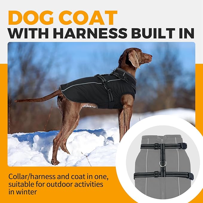 Lelepet Dog Coat with Harness Built in, Waterproof Dog Jacket for Large Dogs Reflective Winter Jacket with Zip Warm Cold Weather Coats for Dogs,Turtleneck Pet Snowsuit, Great Dane, Black, XXXL