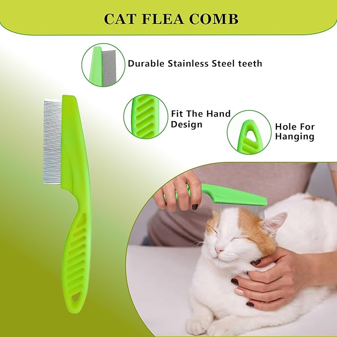 Cat Grooming Brush Kit 6 Tools - Deshedding & Dematting for Long/Short Hair, Self-Cleaning Slicker Brush with 6-in-1 Flea Comb for Cats & Kittens (Green)