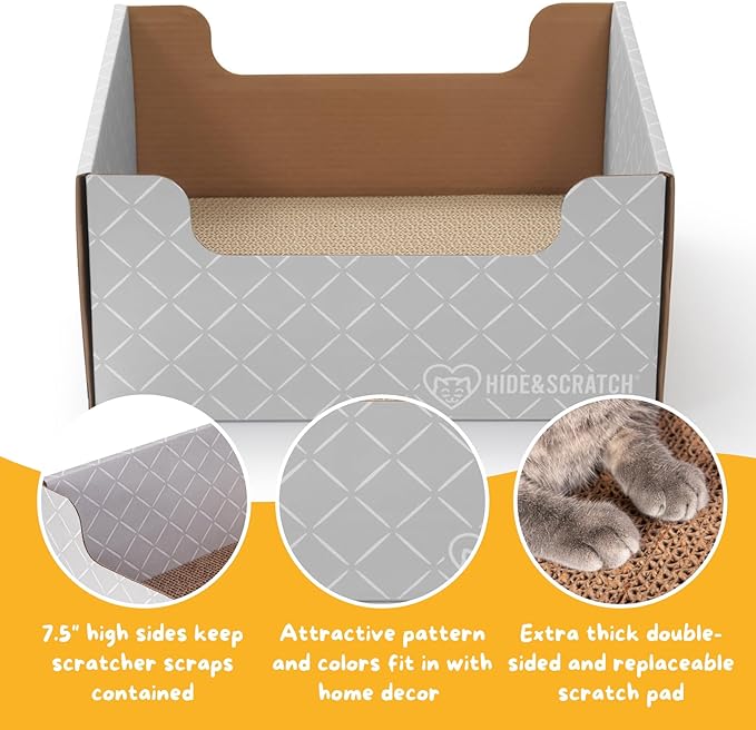 Hide & Scratch Cardboard Cat Scratcher Box & Bed - Light Grey Diamond | Double-Sided Corrugated Pad for Indoor Cats | Refillable Scratching Board Toy for Play & Furniture Protection