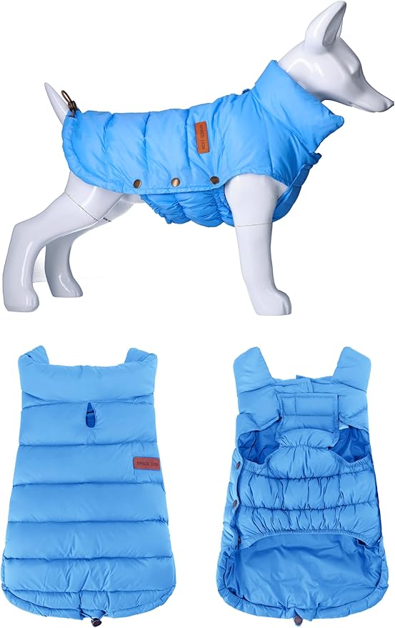 SPACE LION Dog Puffer Jacket, Down Winter Coat, Durable Outdoor Coat for Cold and Windy Conditions, Lightweight & Adjustable Fit Coats for Medium & Large Dogs,(Blue, Size16/XL)