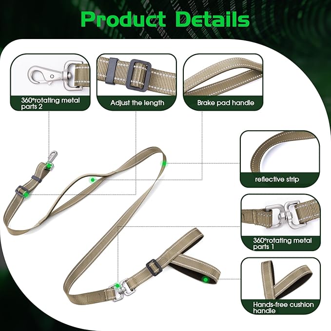 Hands-Free Dog Leash, Heavy Duty No-Pull Training Lead w/Anti-Tangle, Double Padded Traffic Handles Adjustable 5.5-6.2FT & Reflective Thread for Medium Large Dogs for Running/Walking Khaki